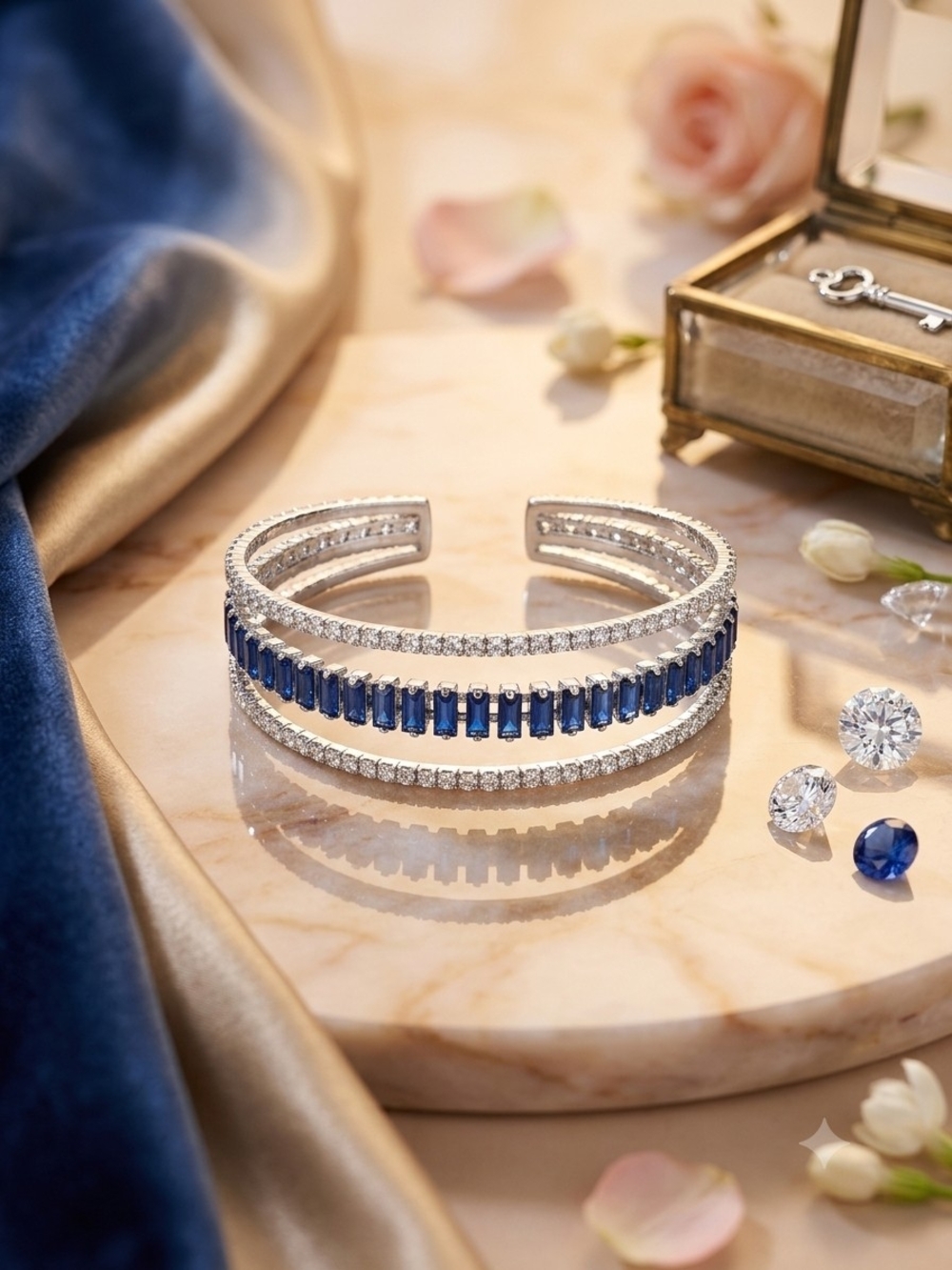 Source Unknown Silver Cuff Bracelet with Blue Stones